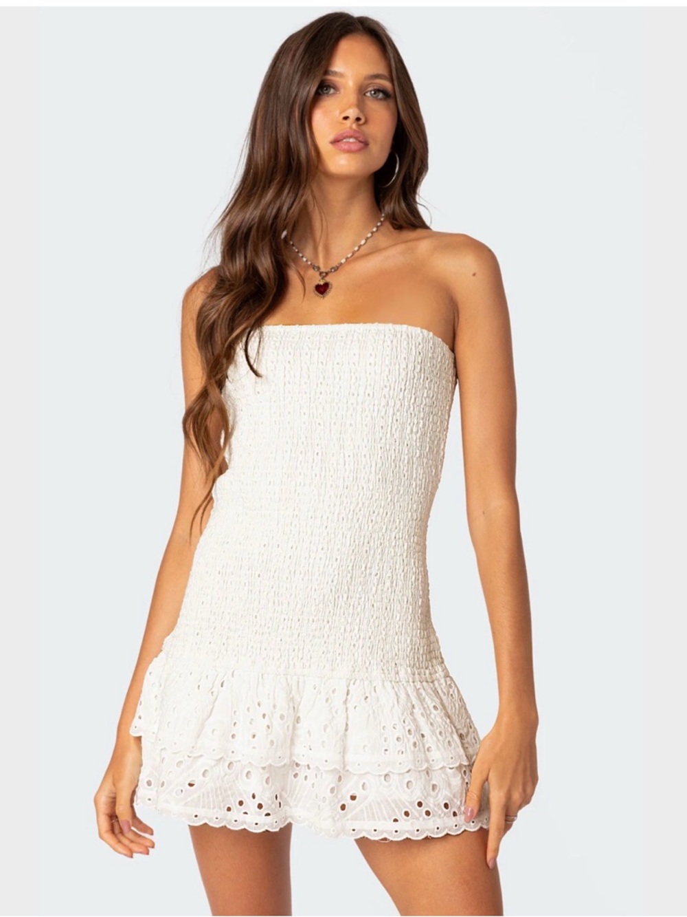 Edikted White Strapless Smocked Eyelet Mini Dress